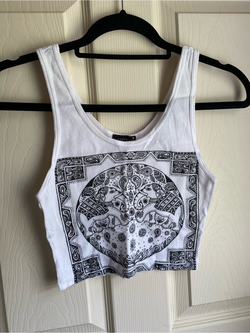 Forever 21 White Cropped Tank with Black Elephant Mandala